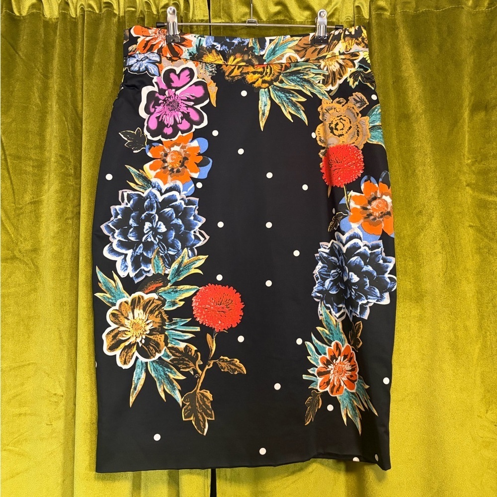 Y2K Yoana Baraschi Anthropologie Black Pencil Skirt with Multicolor Floral US 6
